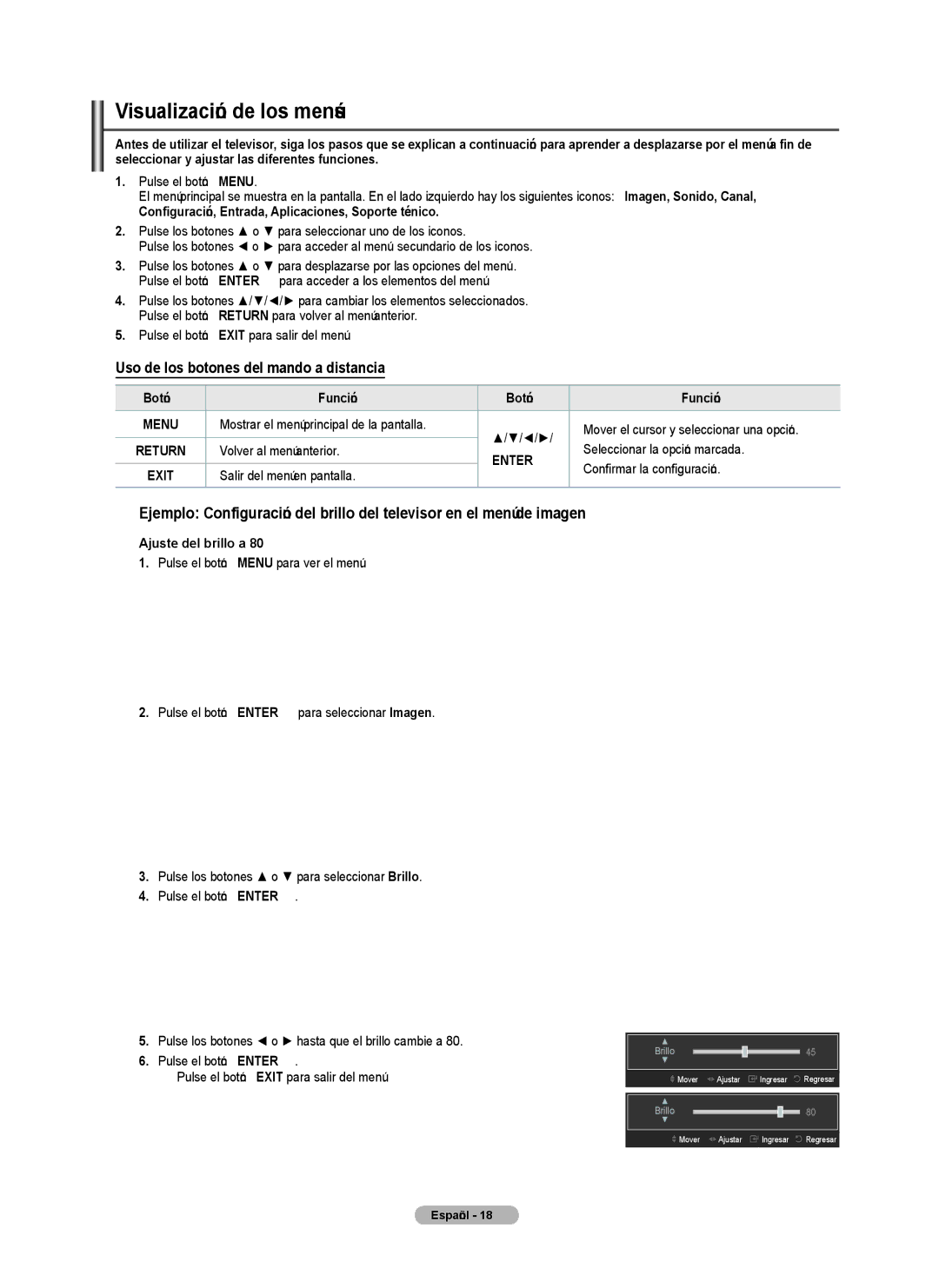 Samsung PN4B40PD Visualización de los menús, Configuración, Entrada, Aplicaciones, Soporte técnico, Botón Función 