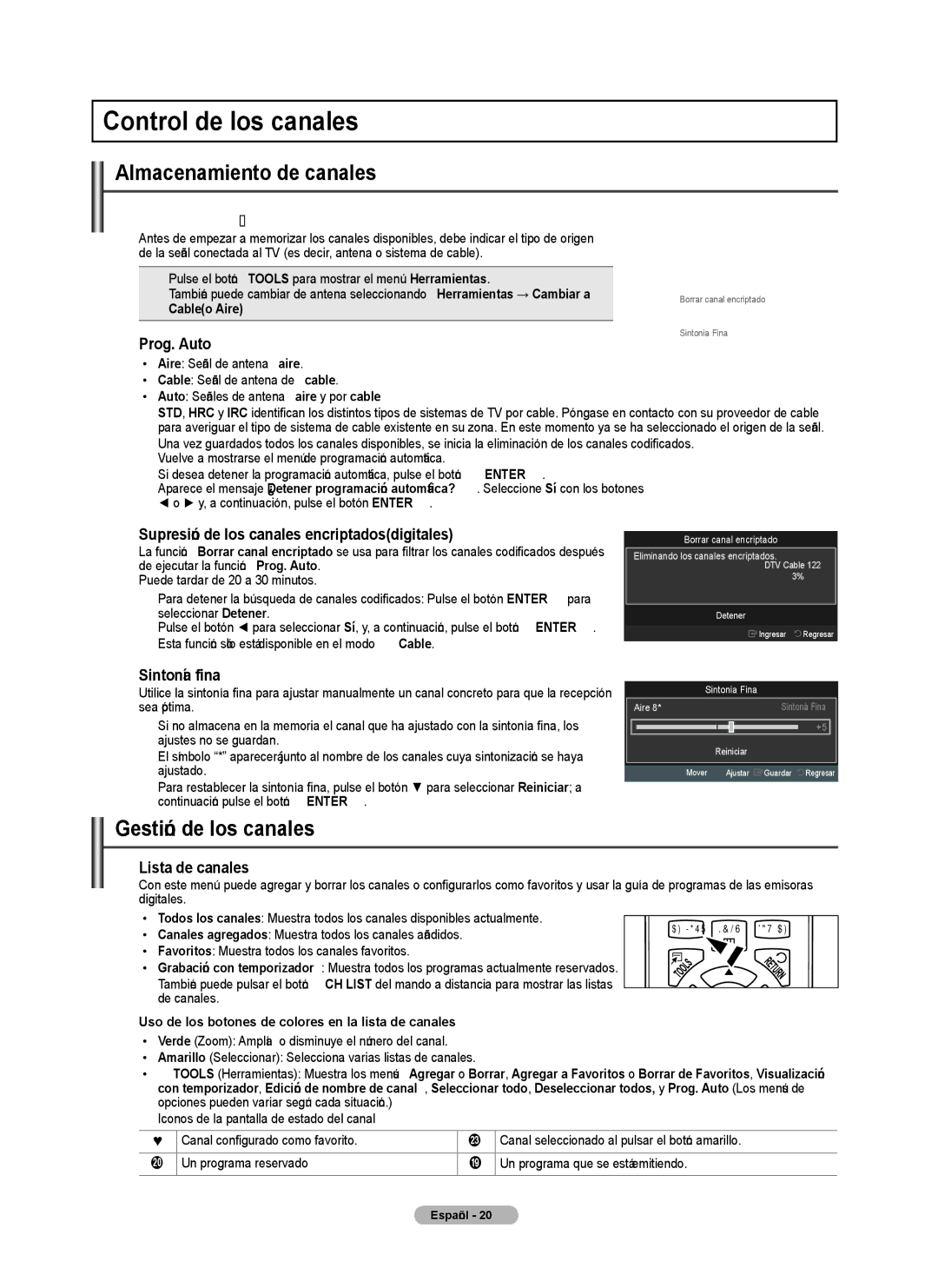 Samsung PN4B40PD user manual Control de los canales, Almacenamiento de canales, Gestión de los canales 