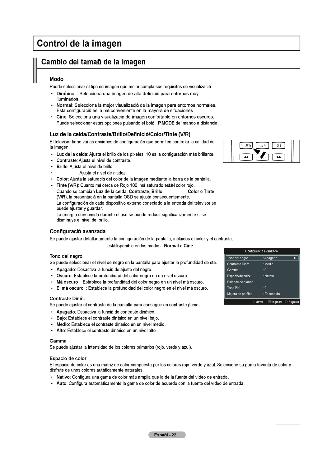 Samsung PN4B40PD user manual Control de la imagen, Cambio del tamaño de la imagen, Modo, Configuración avanzada 