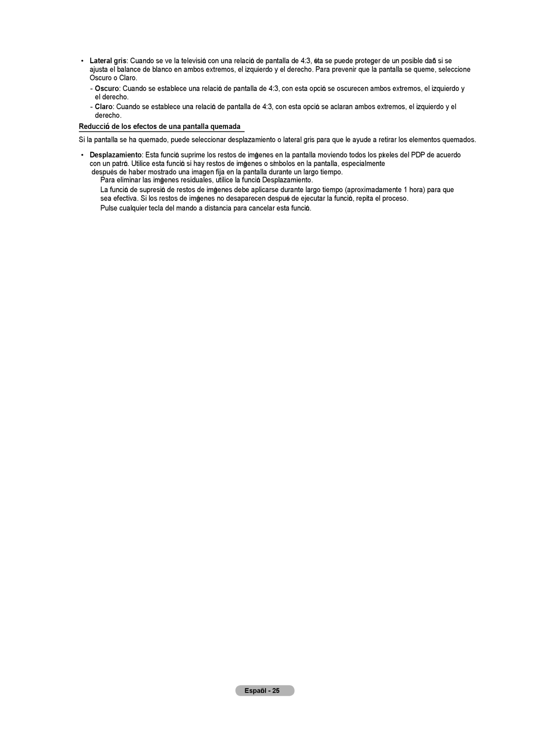 Samsung PN4B40PD user manual Reducción de los efectos de una pantalla quemada 