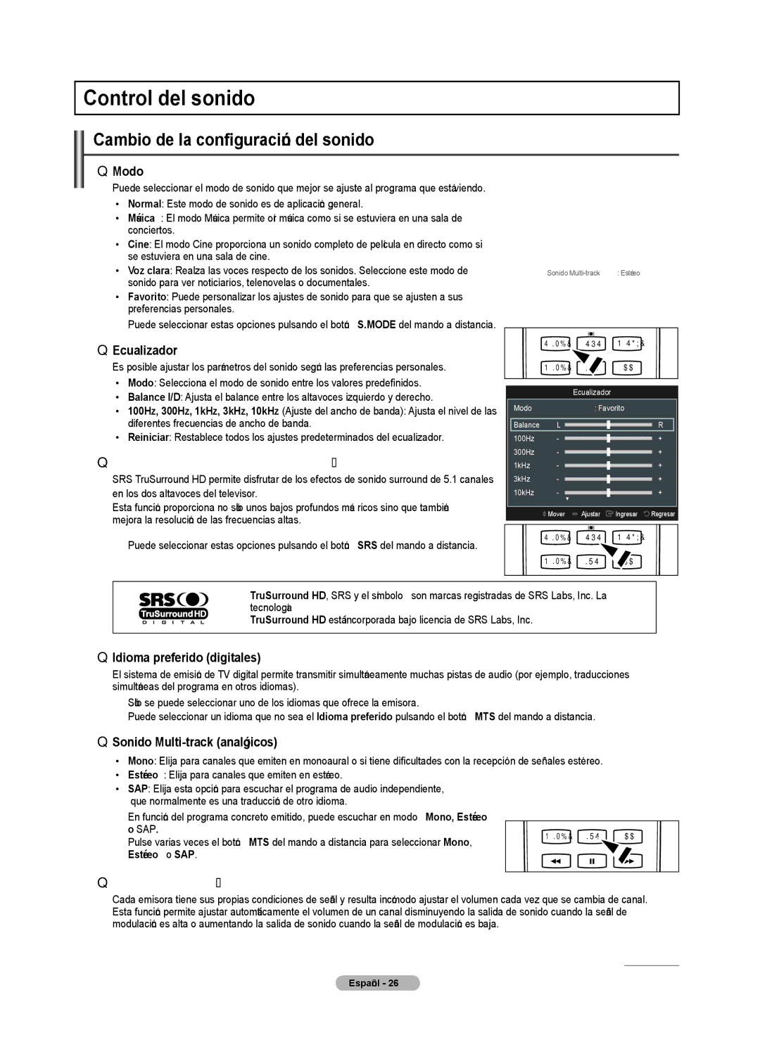 Samsung PN4B40PD user manual Control del sonido, Cambio de la configuración del sonido, Idioma preferido digitales 