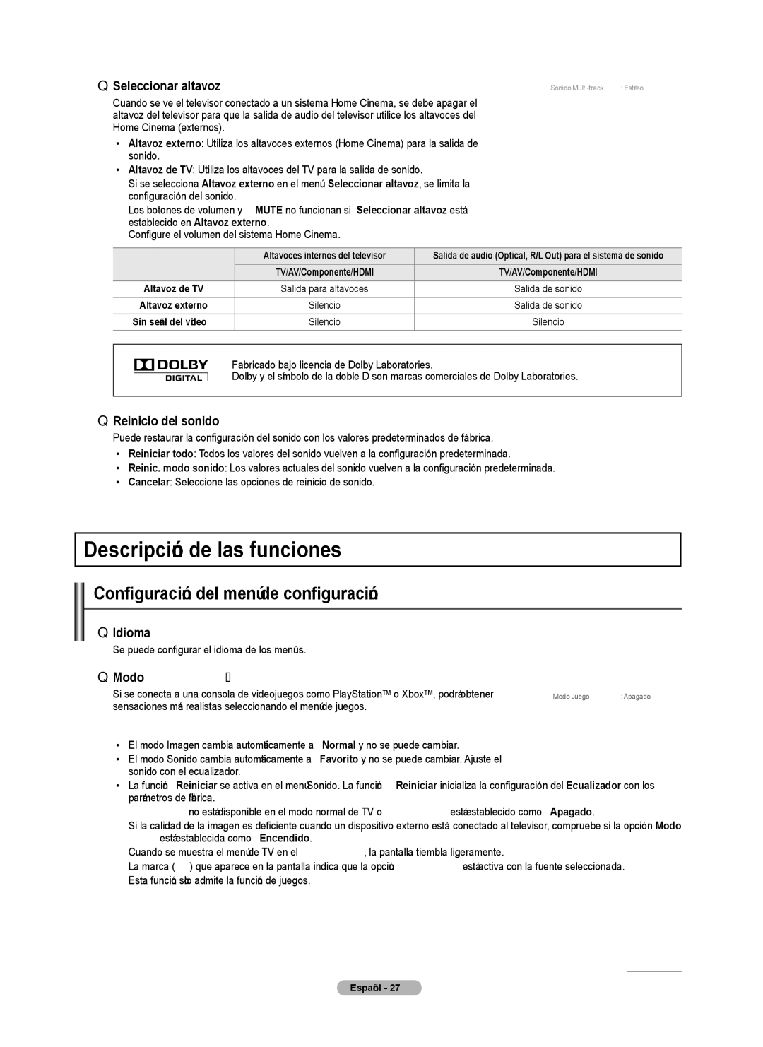 Samsung PN4B40PD Descripción de las funciones, Configuración del menú de configuración, Reinicio del sonido, Idioma 