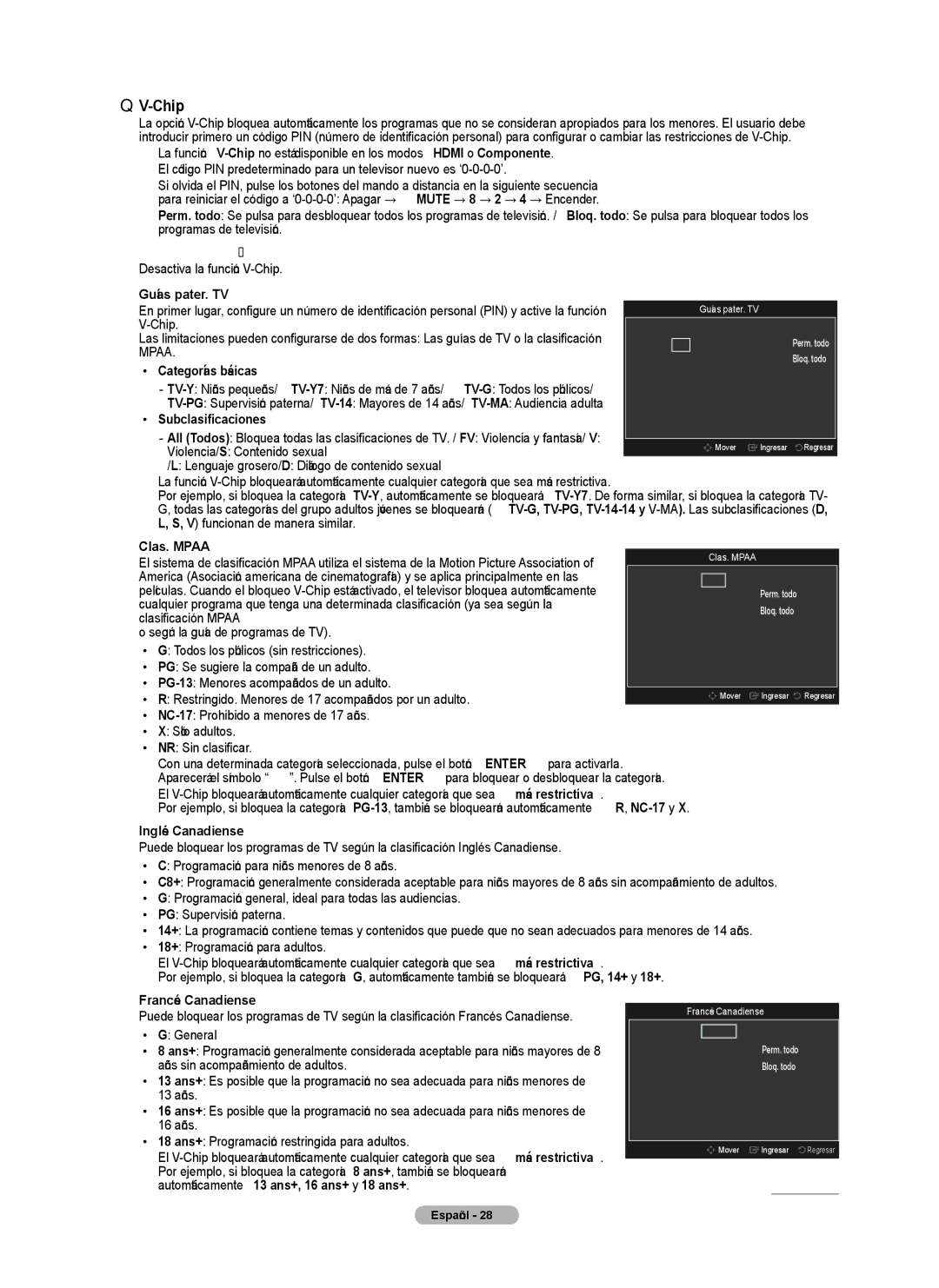 Samsung PN4B40PD  Bloqueo V-Chip → Apagado/Encendido,  Guías pater. TV, Categorías básicas, Subclasificaciones 