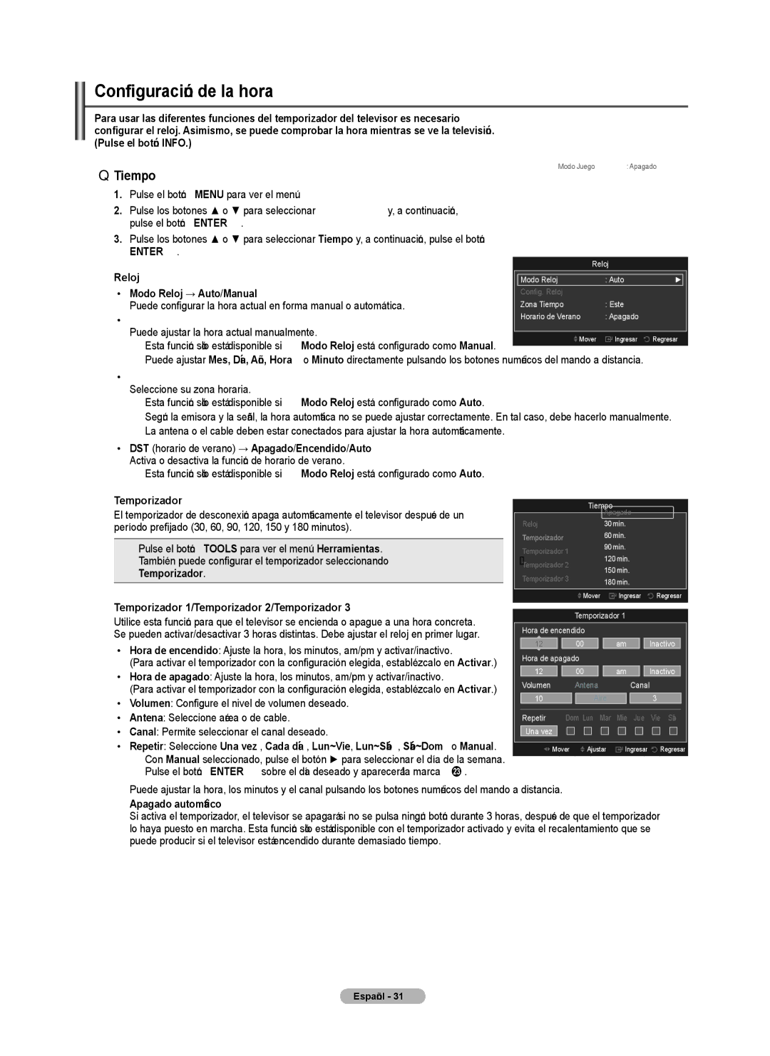 Samsung PN4B40PD user manual Configuración de la hora, Tiempo 