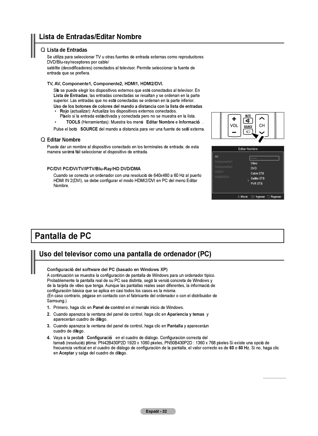 Samsung PN4B40PD Pantalla de PC, Lista de Entradas/Editar Nombre, Uso del televisor como una pantalla de ordenador PC 