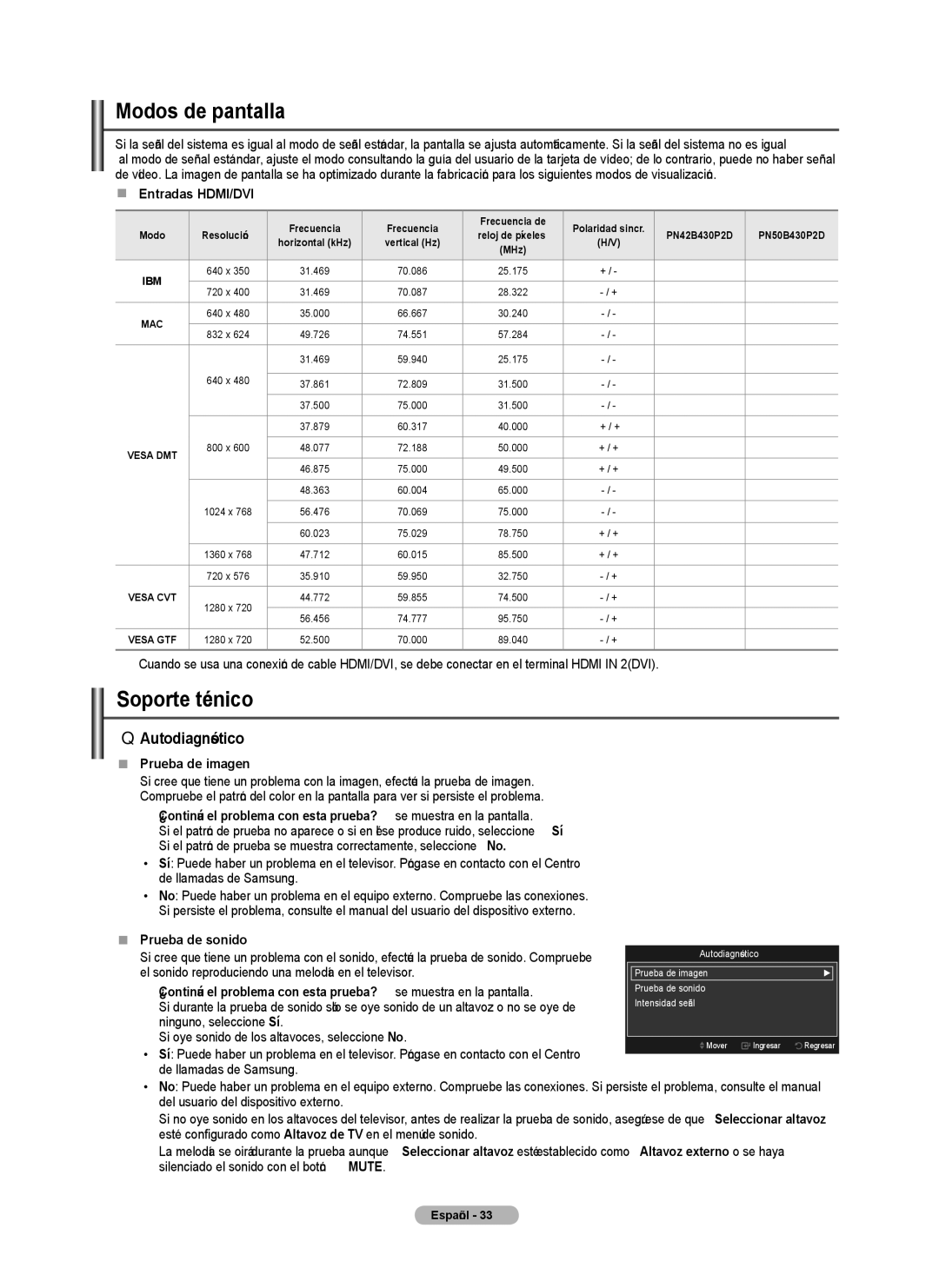 Samsung PN4B40PD user manual Modos de pantalla, Soporte técnico, Autodiagnóstico 