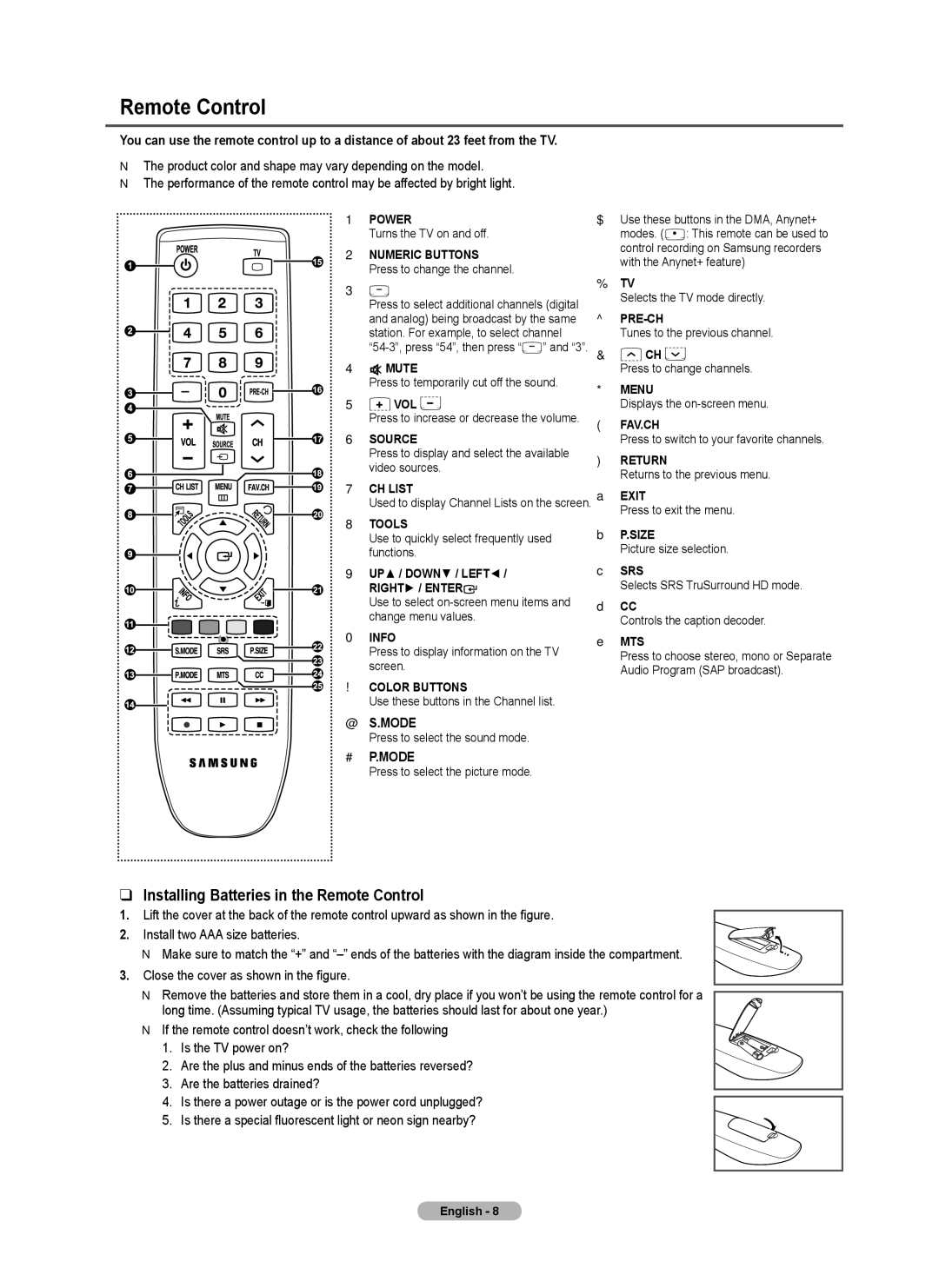 Samsung PN4B40PD user manual Installing Batteries in the Remote Control, @ S.Mode, # P.Mode 