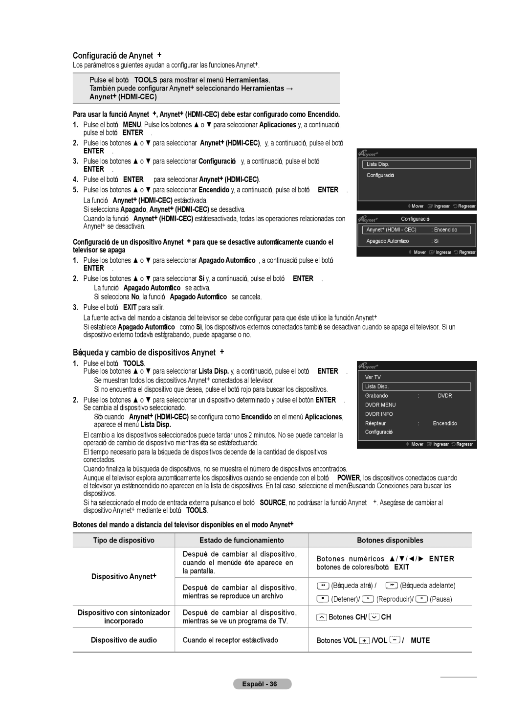 Samsung PN4B40PD user manual Configuración de Anynet+, Búsqueda y cambio de dispositivos Anynet+, VOL Mmute 