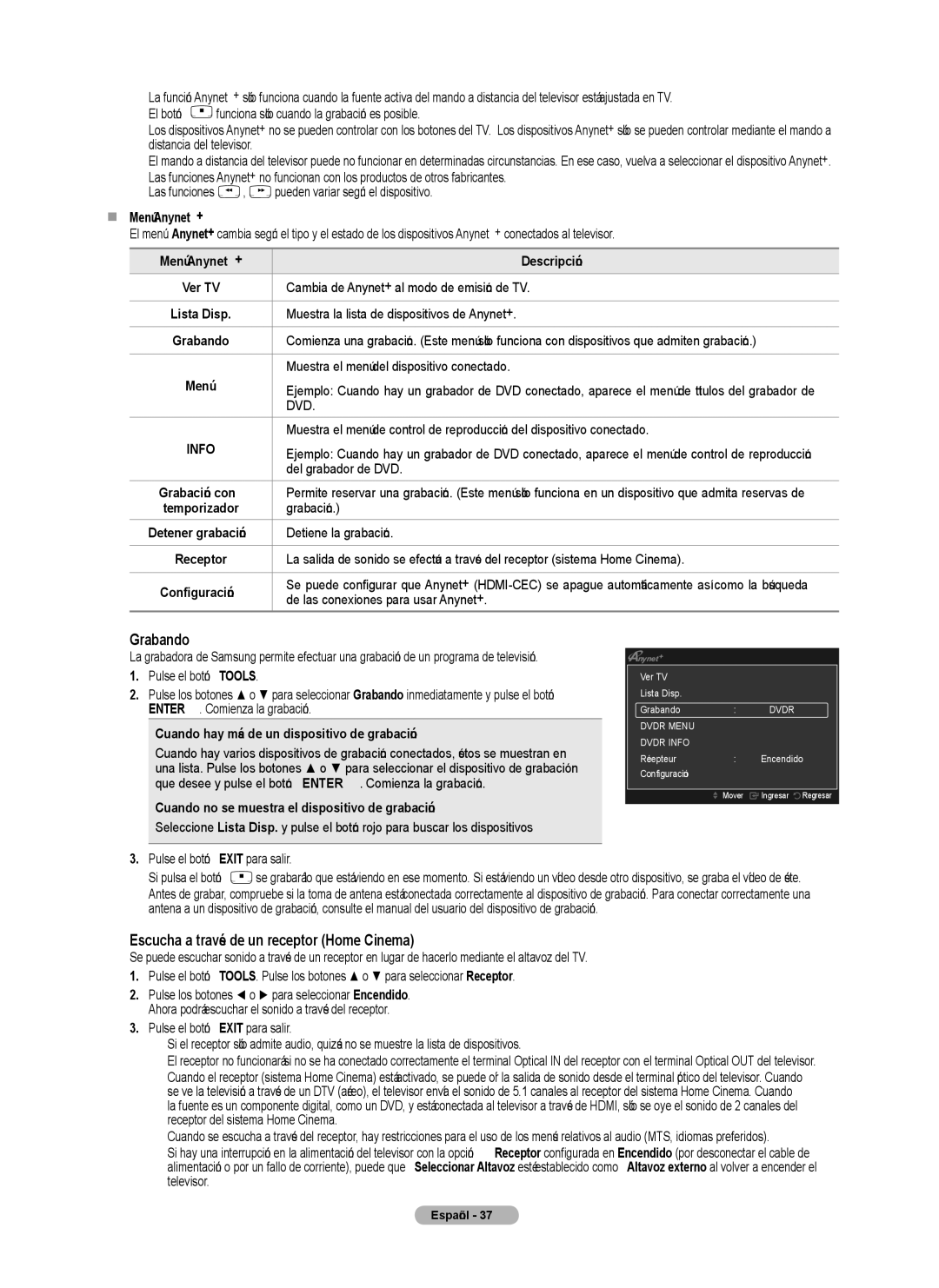 Samsung PN4B40PD user manual Grabando, Escucha a través de un receptor Home Cinema, Dvd 