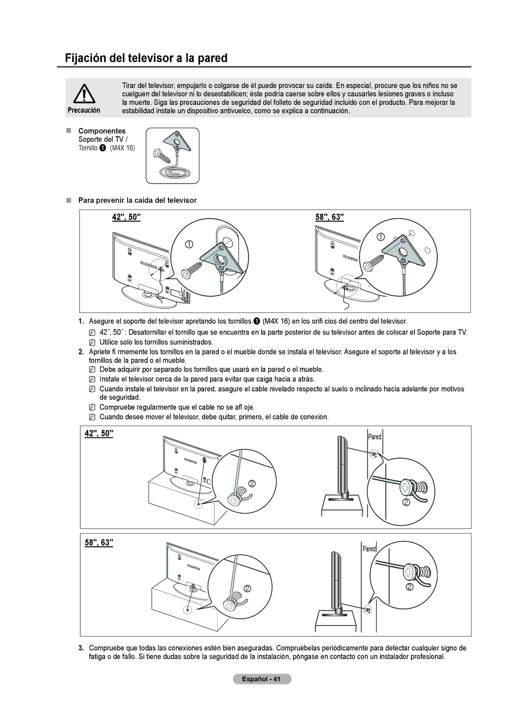 Samsung PN4B40PD Fijación del televisor a la pared,  Componentes, Soporte del TV,  Para prevenir la caída del televisor 