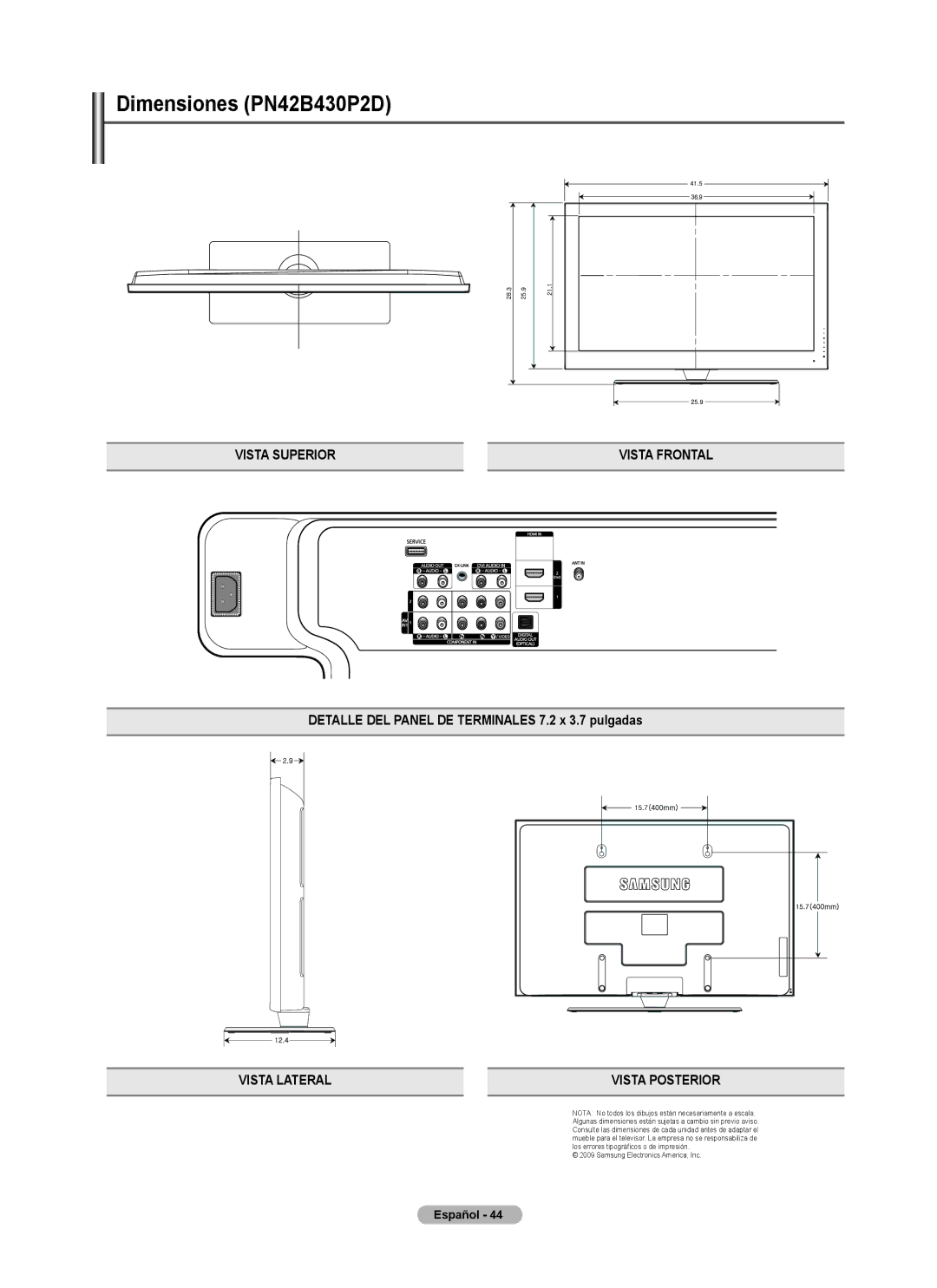 Samsung PN4B40PD Dimensiones PN42B430P2D, Vista Superior Vista Frontal, Detalle DEL Panel DE Terminales 7.2 x 3.7 pulgadas 