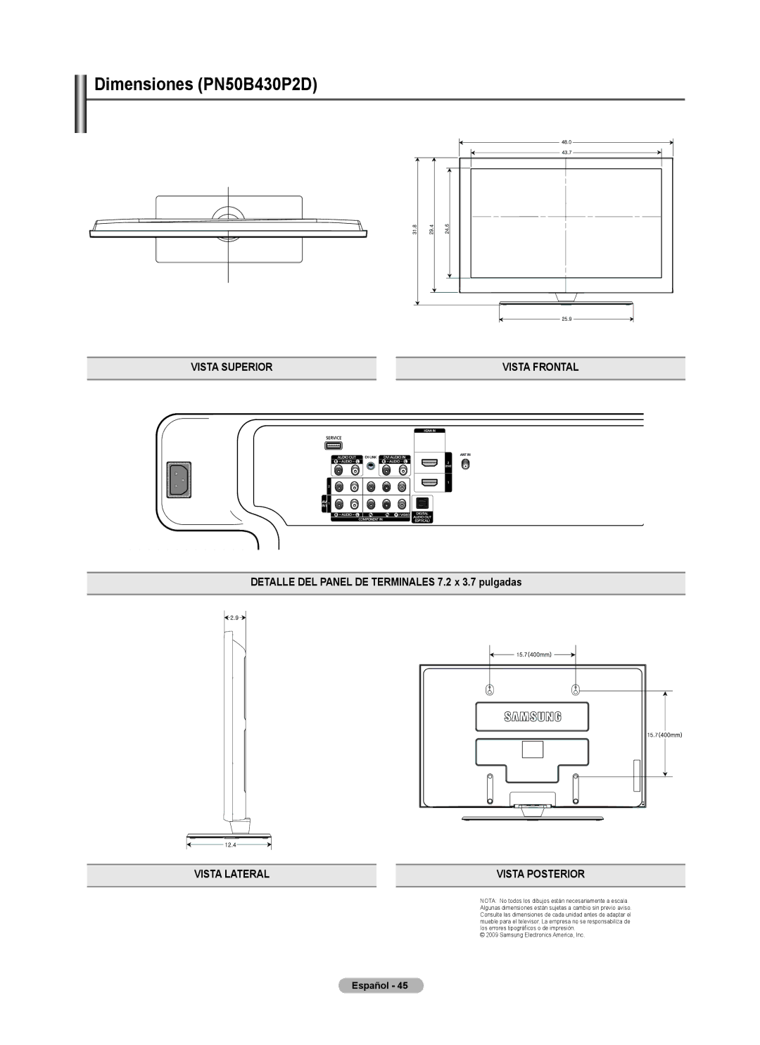 Samsung PN4B40PD user manual Dimensiones PN50B430P2D 