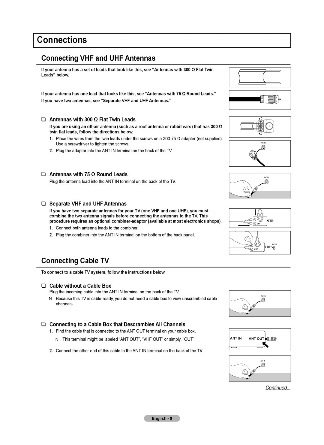 Samsung PN4B40PD user manual Connections, Connecting VHF and UHF Antennas, Connecting Cable TV 