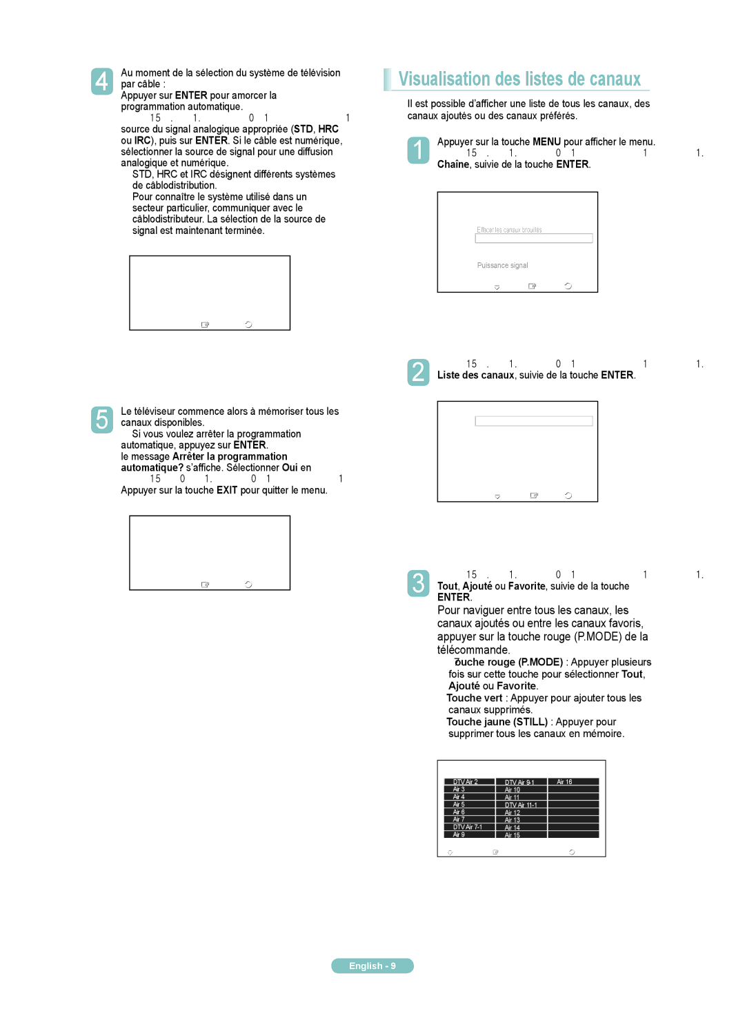 Samsung PN42A400C2D Signal est maintenant terminée, Canaux disponibles, Appuyer sur la touche Exit pour quitter le menu 