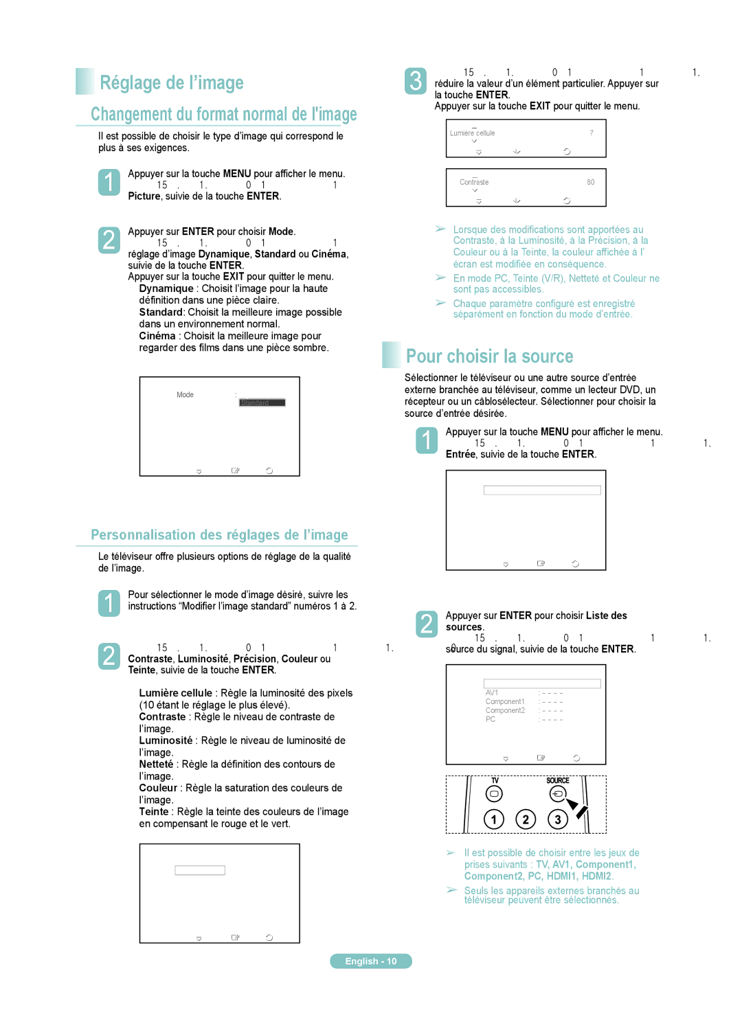 Samsung PN50A400C2D Pour choisir la source, Personnalisation des réglages de l’image, Appuyer sur Enter pour choisir Mode 