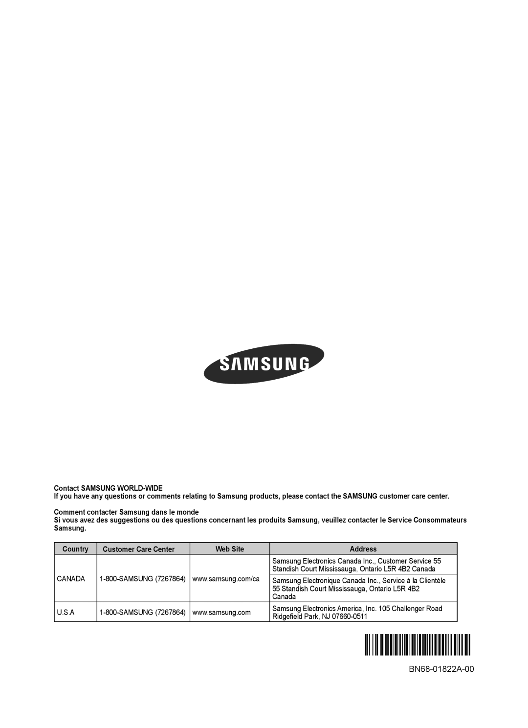 Samsung PN50A400C2D, PN42A400C2D manual Contact Samsung WORLD-WIDE, Standish Court Mississauga, Ontario L5R 4B2 Canada 