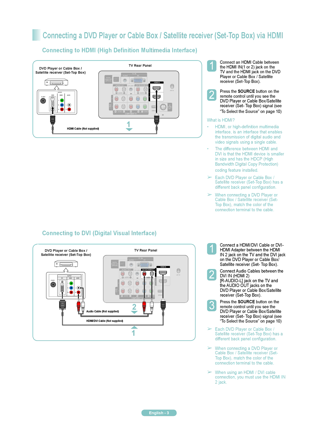 Samsung PN42A400C2D Connecting to Hdmi High Definition Multimedia Interface, Connecting to DVI Digital Visual Interface 