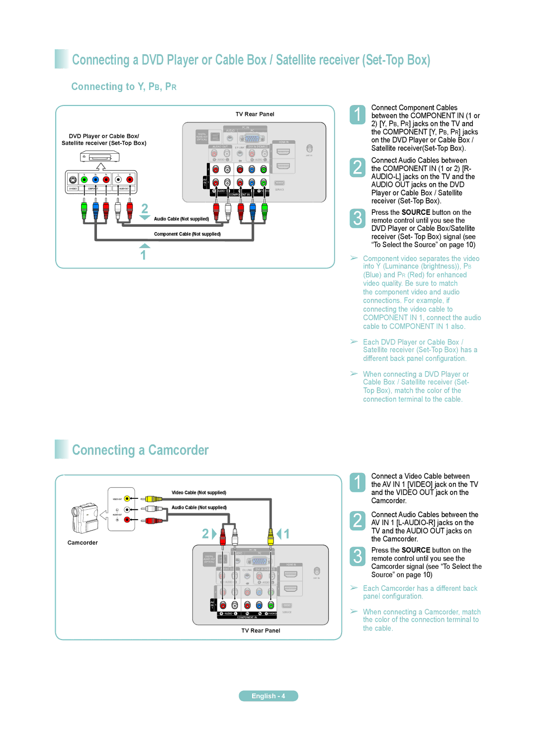 Samsung PN50A400C2D, PN42A400C2D manual Connecting a Camcorder, Connecting to Y, PB, PR 