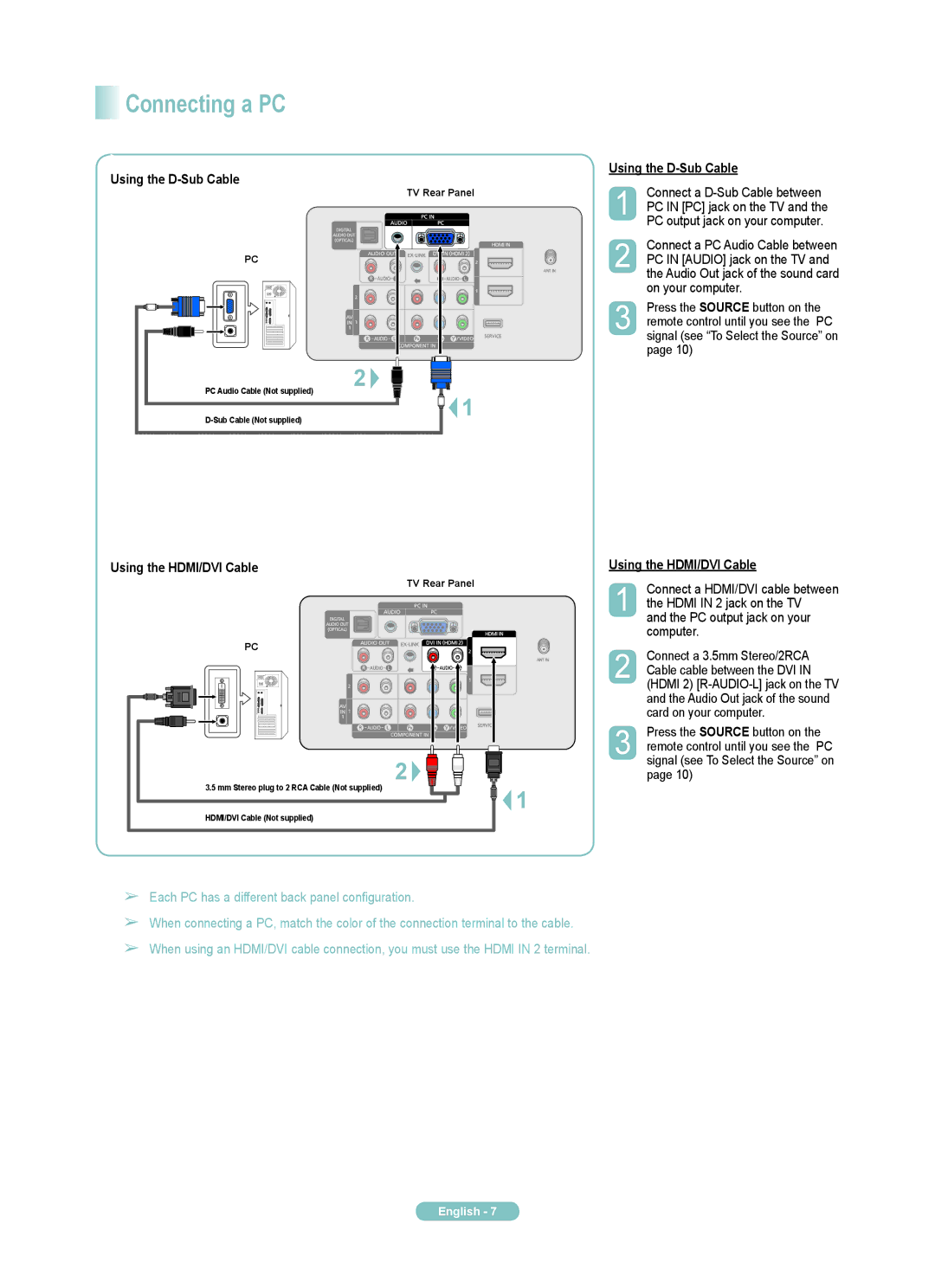 Samsung PN42A400C2D, PN50A400C2D manual Connecting a PC, Using the D-Sub Cable, Using the HDMI/DVI Cable 