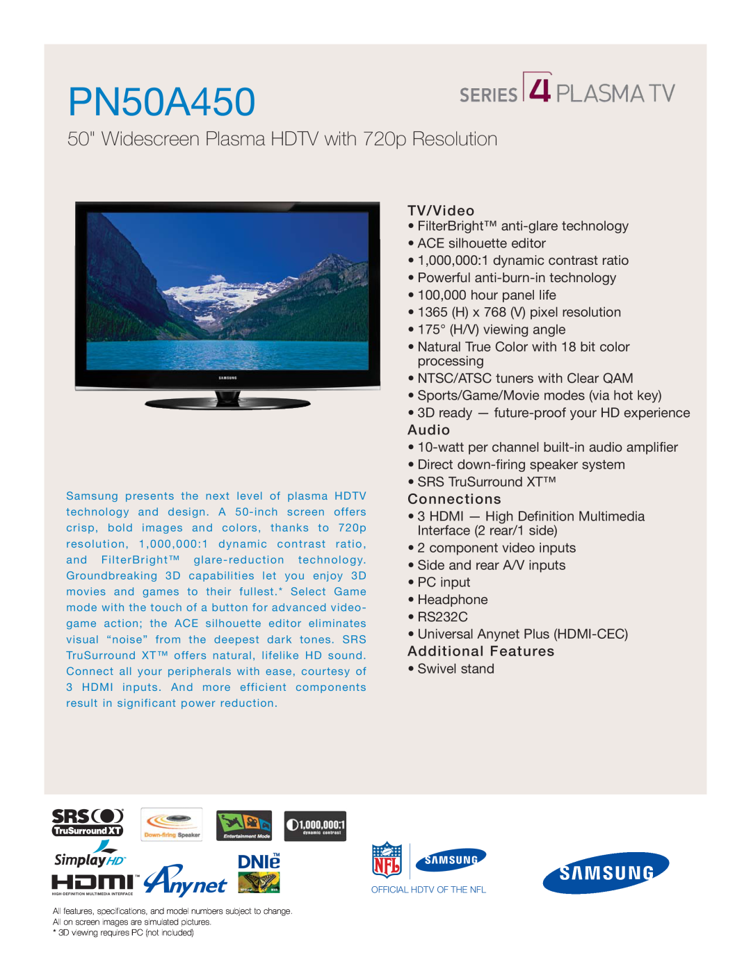 Samsung PN50A450 specifications Widescreen Plasma HDTV with 720p Resolution 