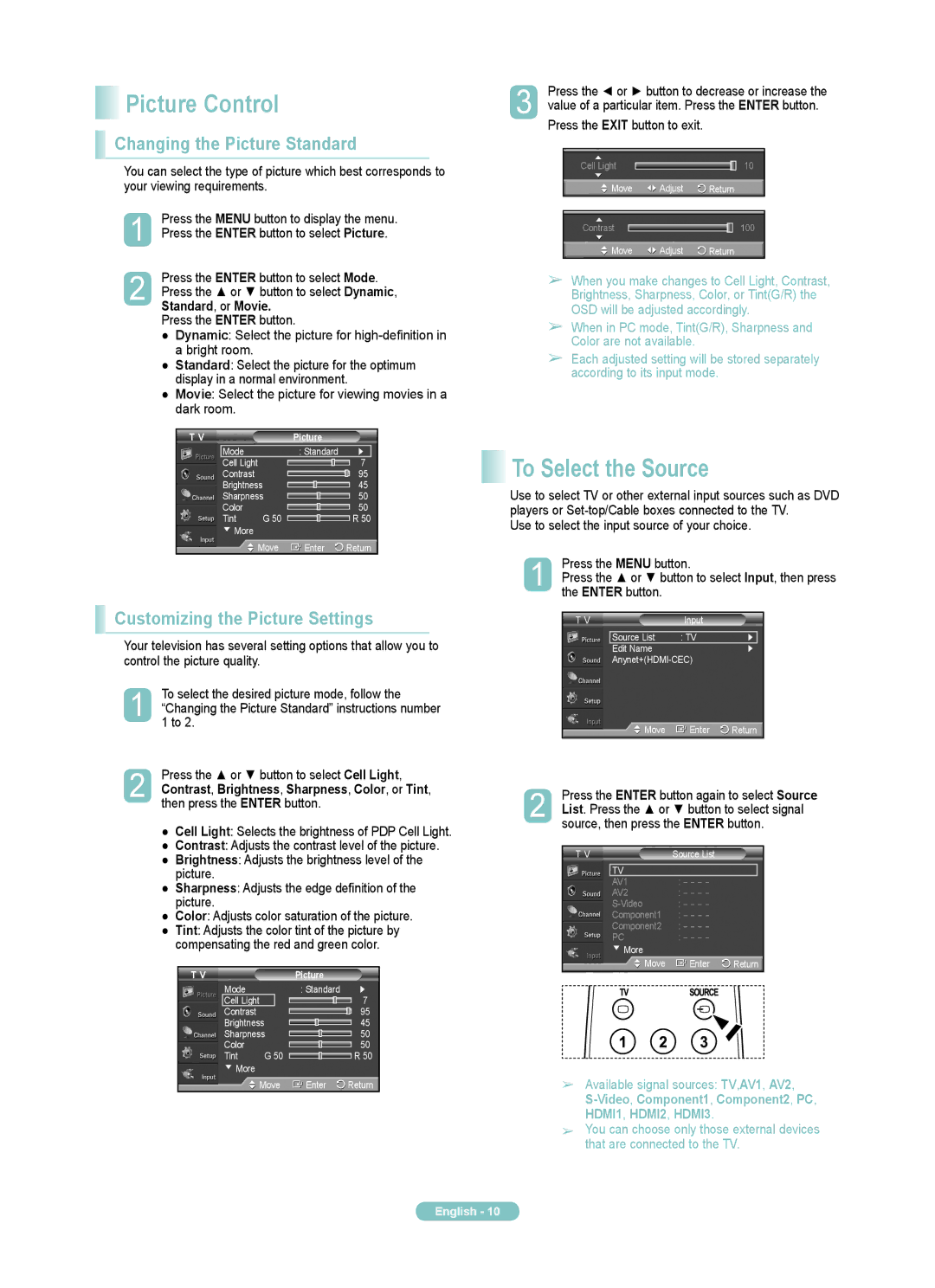 Samsung PN50A460S4D Picture Control, To Select the Source, Changing the Picture Standard, Customizing the Picture Settings 