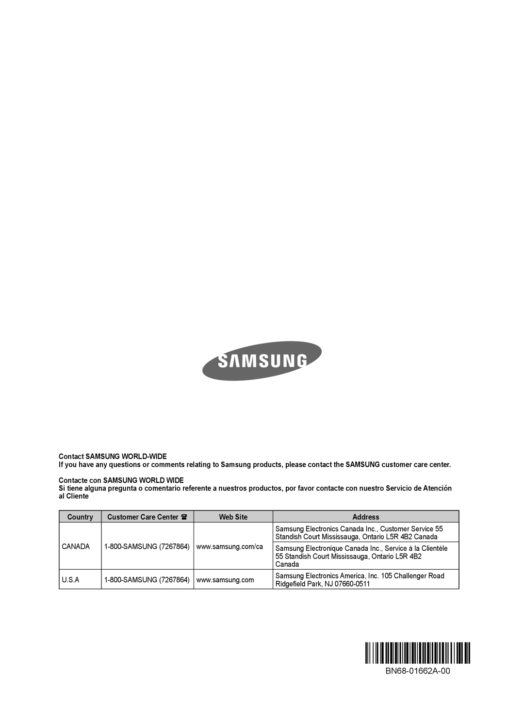 Samsung PN50A460S4D manual Contact Samsung WORLD-WIDE, Web Site Address, Canada 