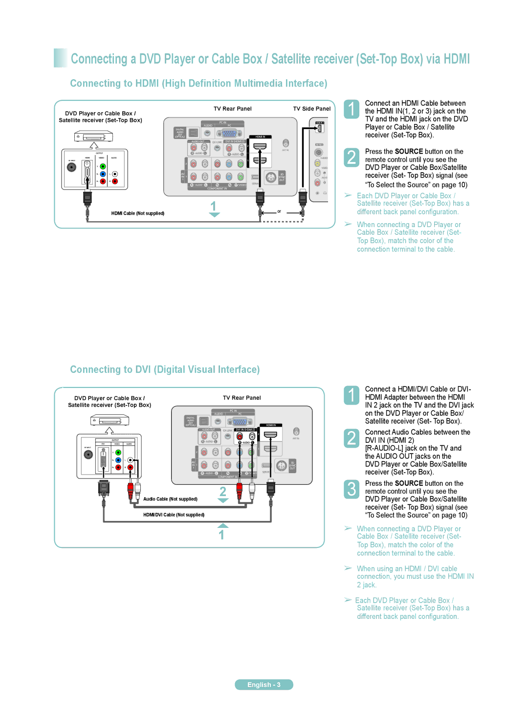 Samsung PN50A460S4D Connecting to Hdmi High Definition Multimedia Interface, Connecting to DVI Digital Visual Interface 