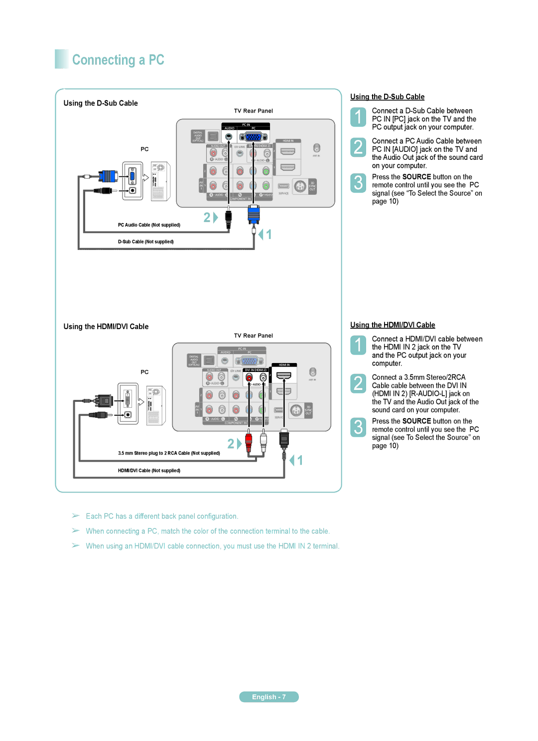 Samsung PN50A460S4D manual Connecting a PC, Using the D-Sub Cable, Using the HDMI/DVI Cable 