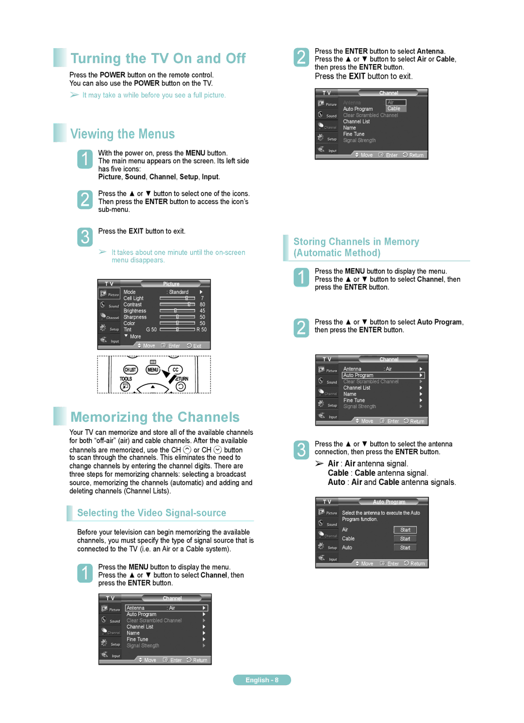 Samsung PN50A460S4D manual Turning the TV On and Off, Viewing the Menus, Memorizing the Channels 