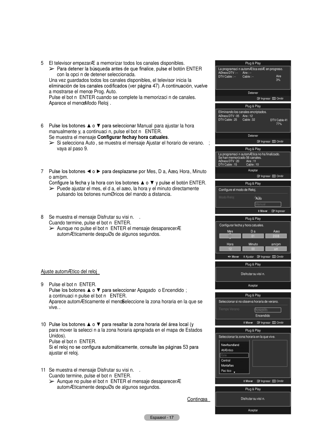 Samsung PN50A50SF user manual Se muestra el mensaje Configurar fechay hora catuales, Ajuste automático del reloj 