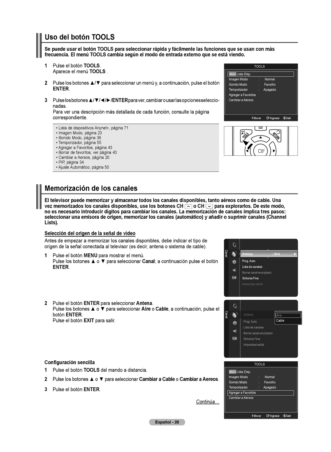 Samsung PN50A50SF user manual Uso del botón Tools, Memorización de los canales, Selección del origen de la señal de vídeo 