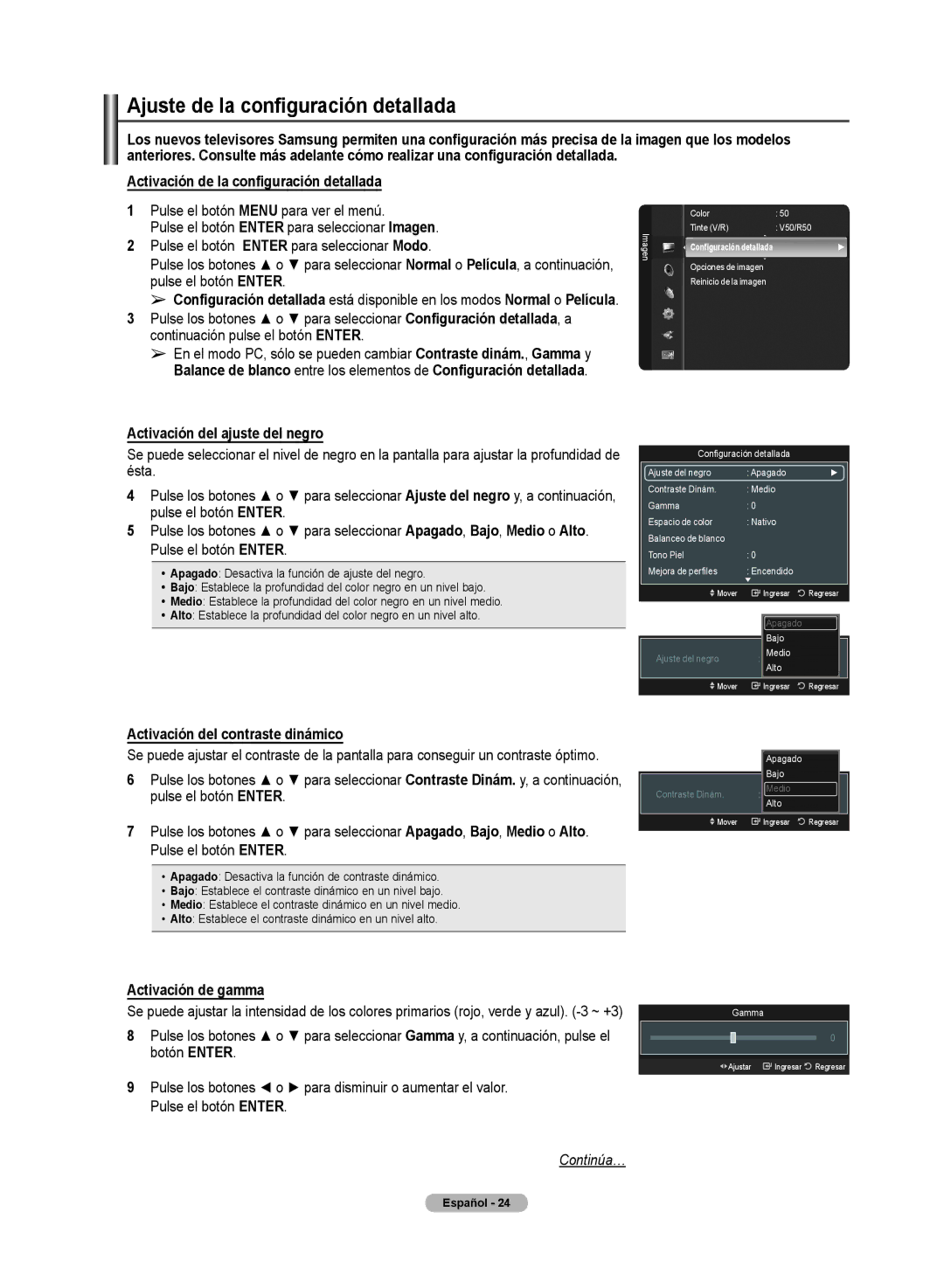 Samsung PN50A50SF Ajuste de la configuración detalllada, Activación de la configuración detalllada, Activación de gamma 