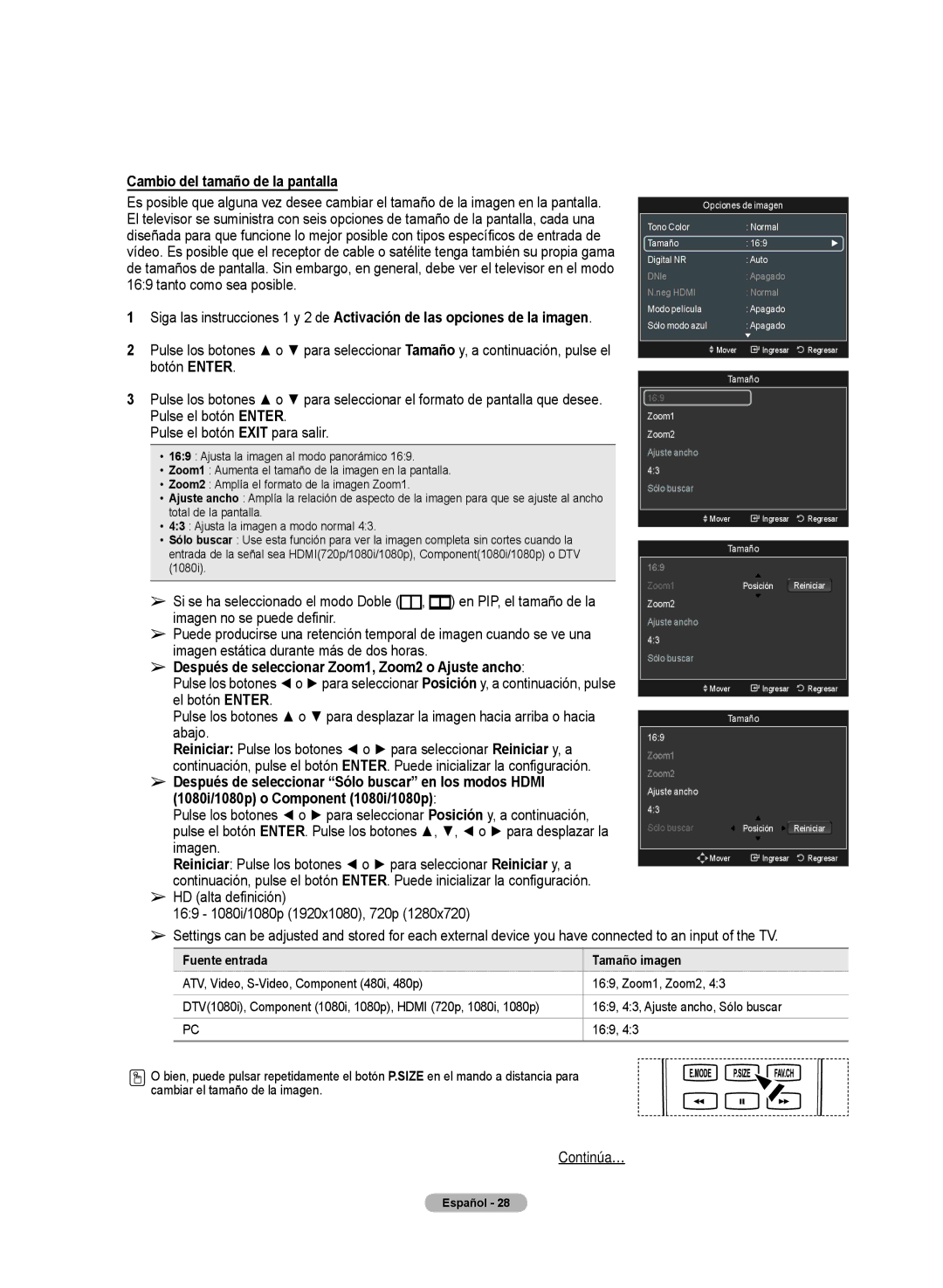 Samsung PN50A50SF user manual Cambio del tamaño de la pantallla, Pulse el botón Enter Pulse el botón Exit para salir 