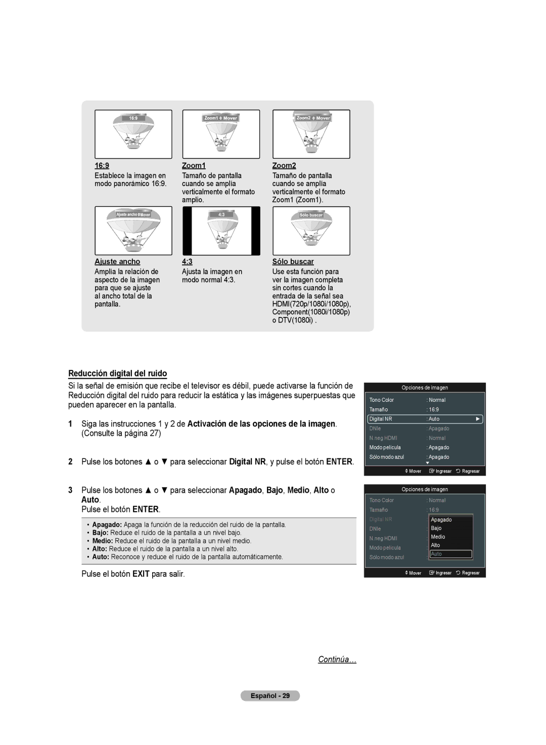 Samsung PN50A50SF user manual Reducción digital del ruido, Auto, Zoom1 Zoom2, Ajuste ancho Sólo buscar 