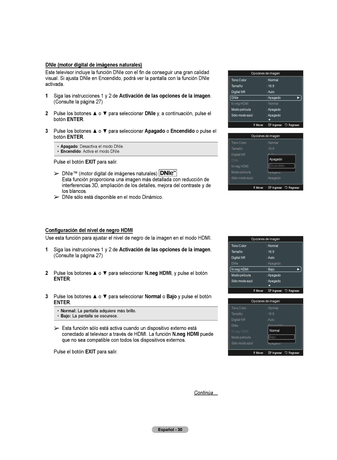 Samsung PN50A50SF user manual DNIe motor digital de imágenes naturales, Configuración del nivel de negro Hdmi 