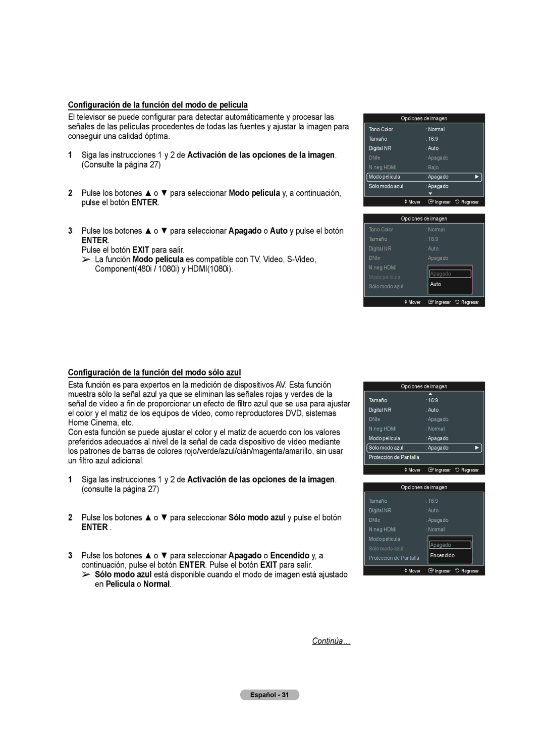 Samsung PN50A50SF user manual Configuración de la función del modo de película, Component480i / 1080i y HDMI1080i 