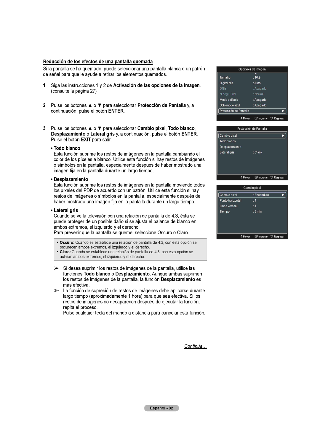 Samsung PN50A50SF user manual Reducción de los efectos de una pantallla quemada, Todo blanco, Desplazamiento, Lateral gris 