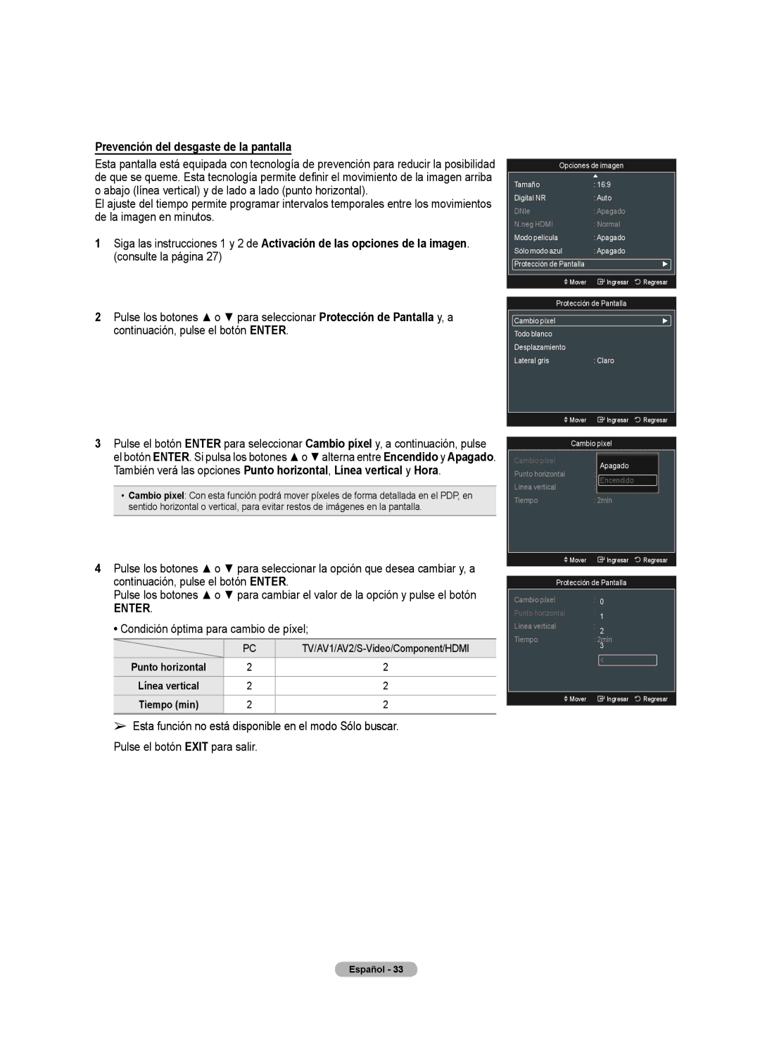 Samsung PN50A50SF user manual Prevención del desgaste de la pantallla, Condición óptima para cambio de píxel 