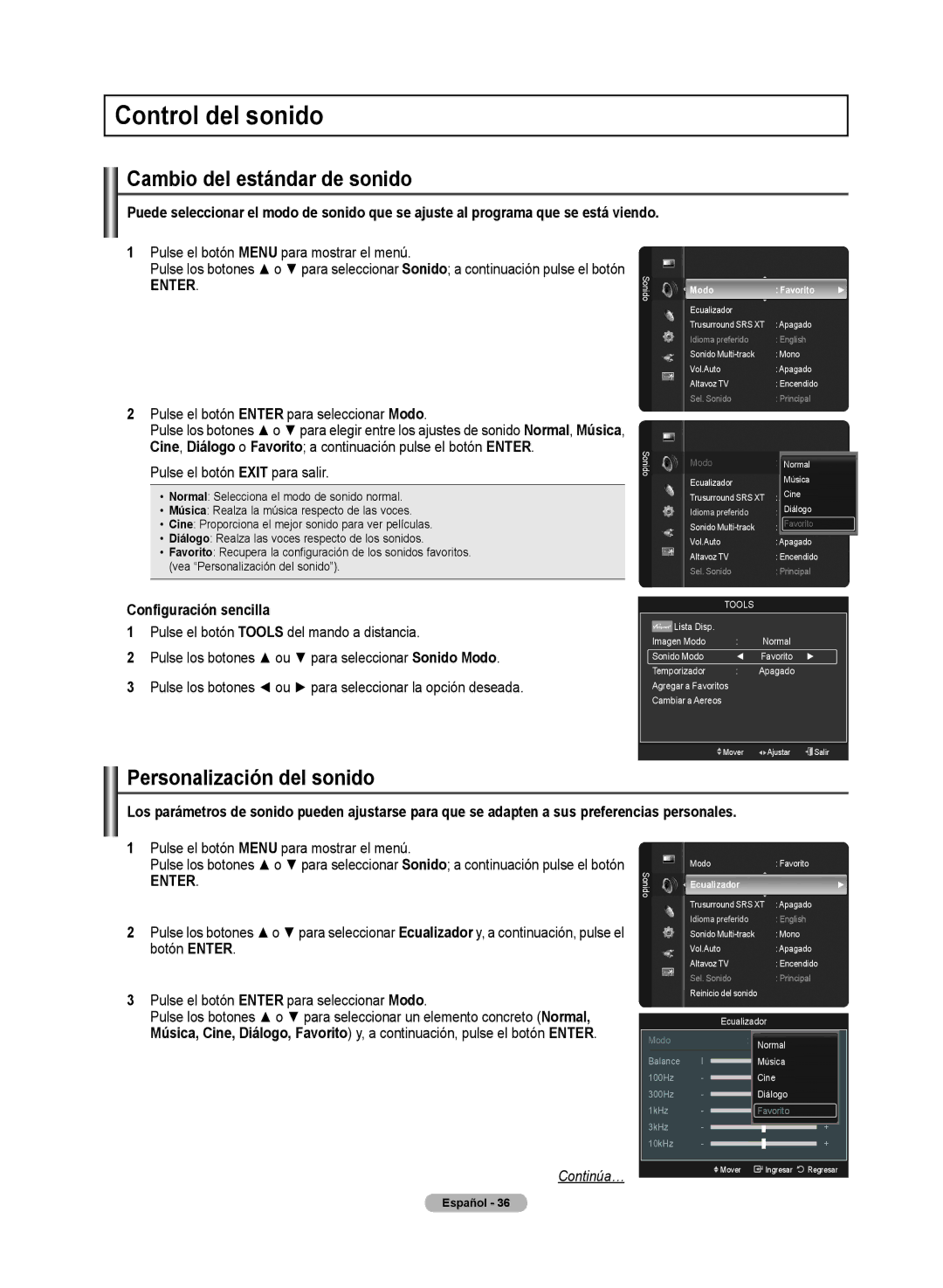 Samsung PN50A50SF user manual Control del sonido, Cambio del estándar de sonido, Personalización del sonido, Modo Favorito 