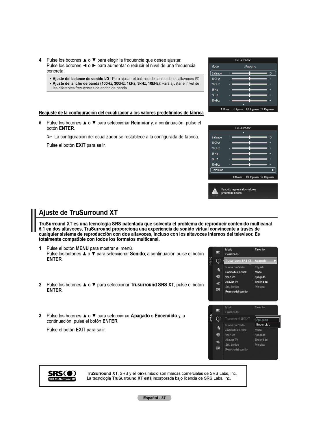 Samsung PN50A50SF user manual Ajuste de TruSurround XT, Trusurround SRS XT Apagado 