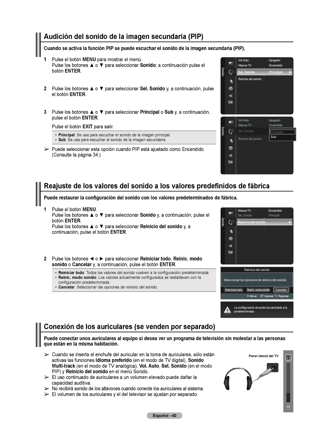 Samsung PN50A50SF user manual Audición del sonido de la imagen secundaria PIP, Sel. Sonido, Principal 