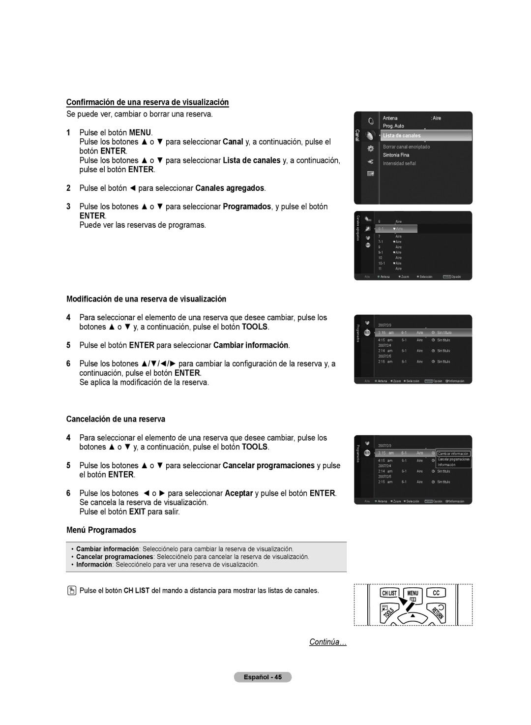 Samsung PN50A50SF Confirmación de una reserva de visualización, Puede ver las reservas de programas, Menú Programados 