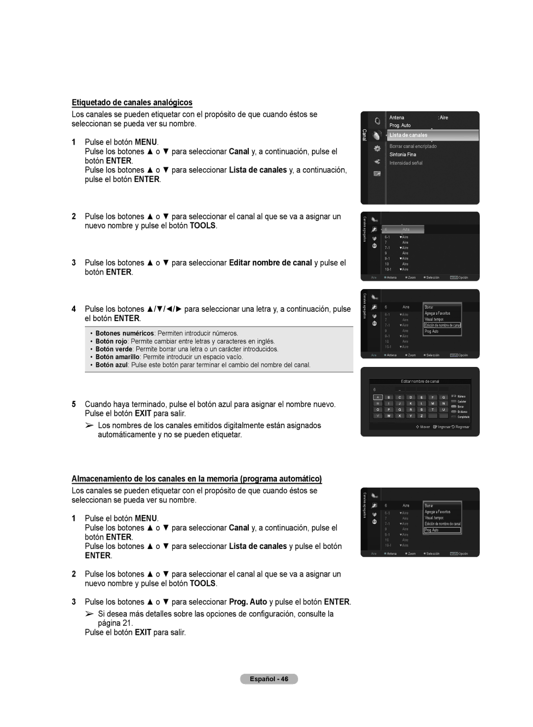 Samsung PN50A50SF Etiquetado de canales analógicos, Nuevo nombre y pulse el botón Tools, Botón Enter, El botón Enter 