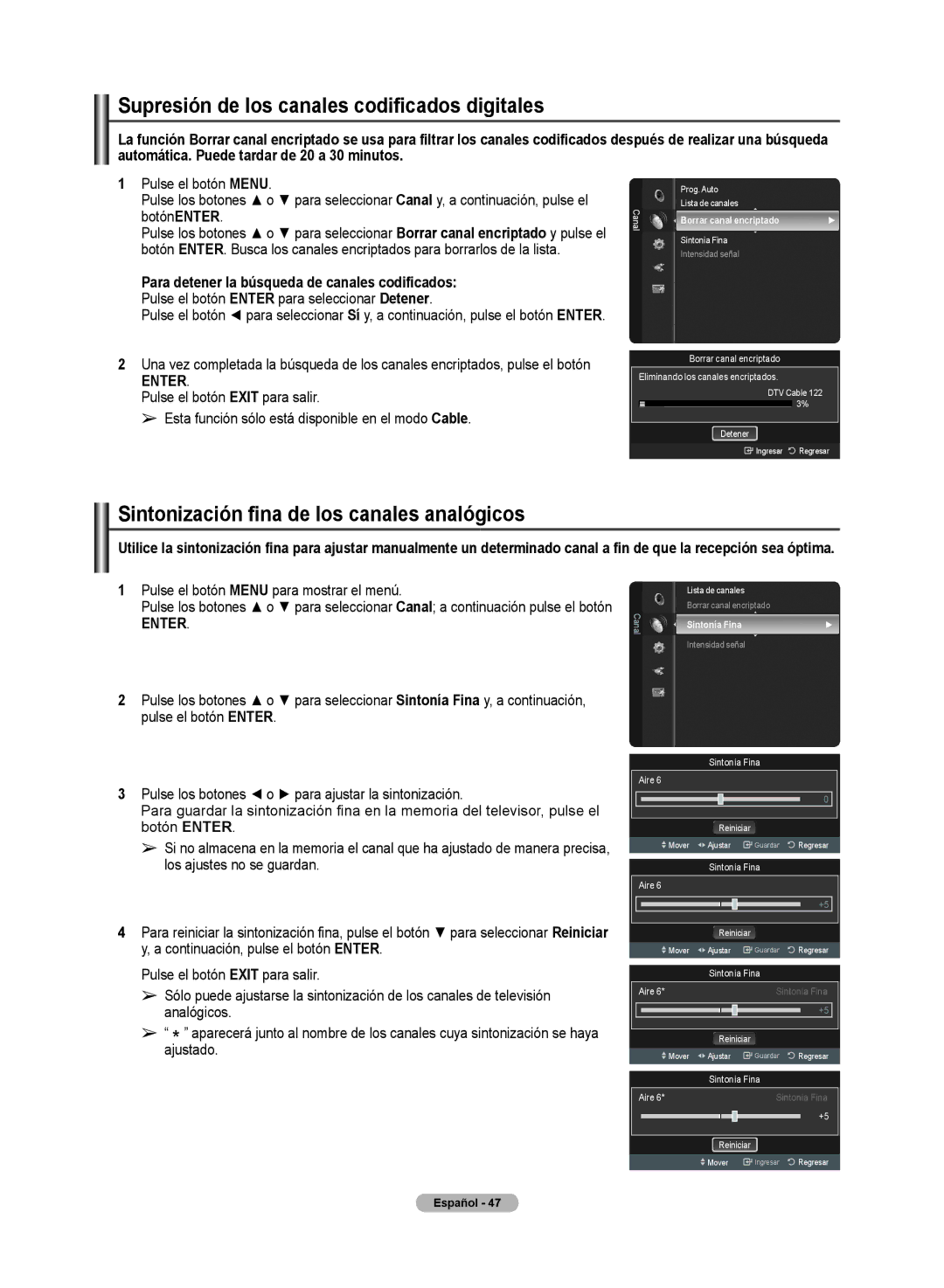 Samsung PN50A50SF user manual Supresión de los canales codificados digitales, Sintonización fina de los canales analógicos 