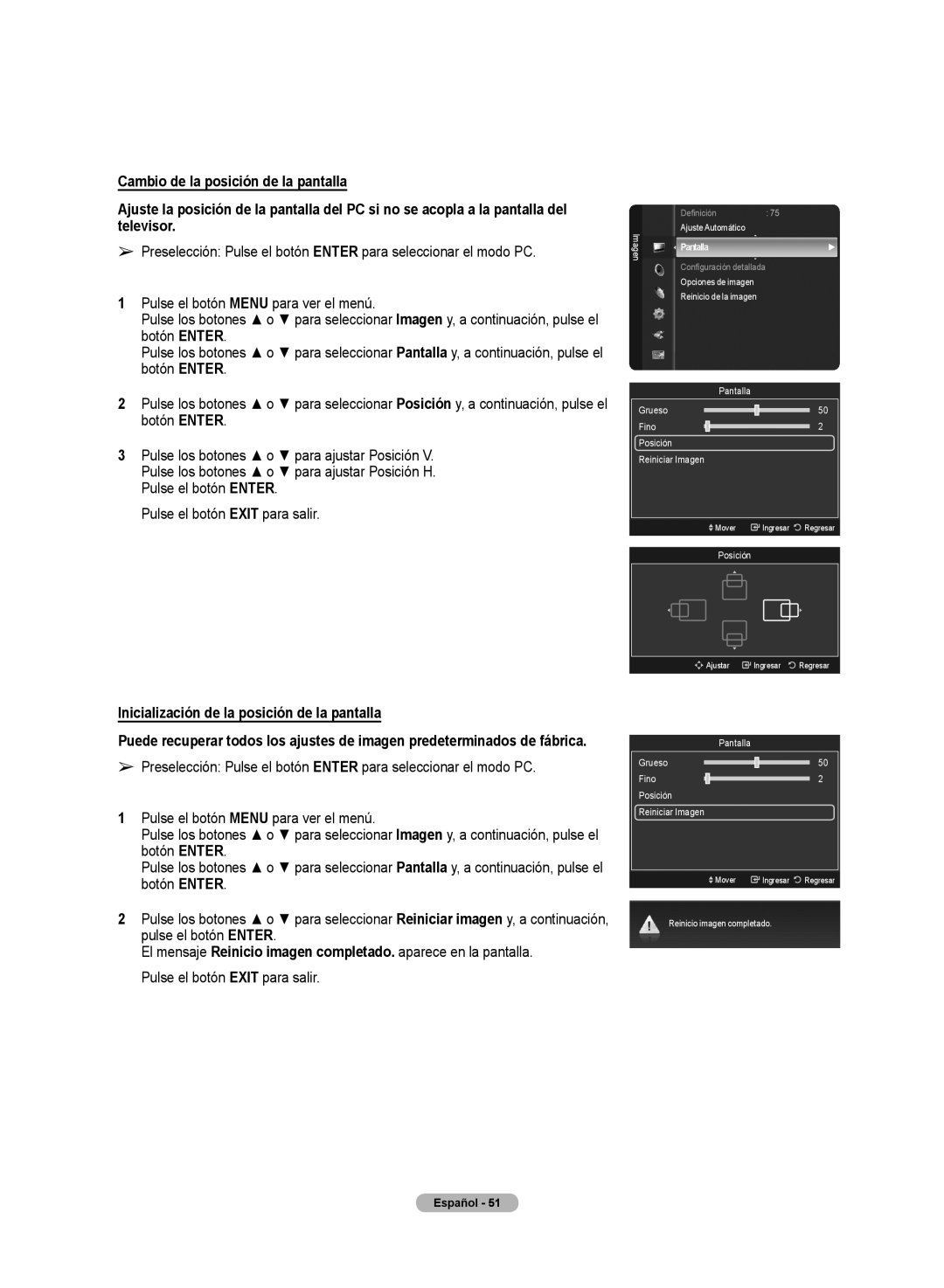 Samsung PN50A50SF Pulse el botón Enter Pulse el botón Exit para salir, Inicialización de la posición de la pantallla 