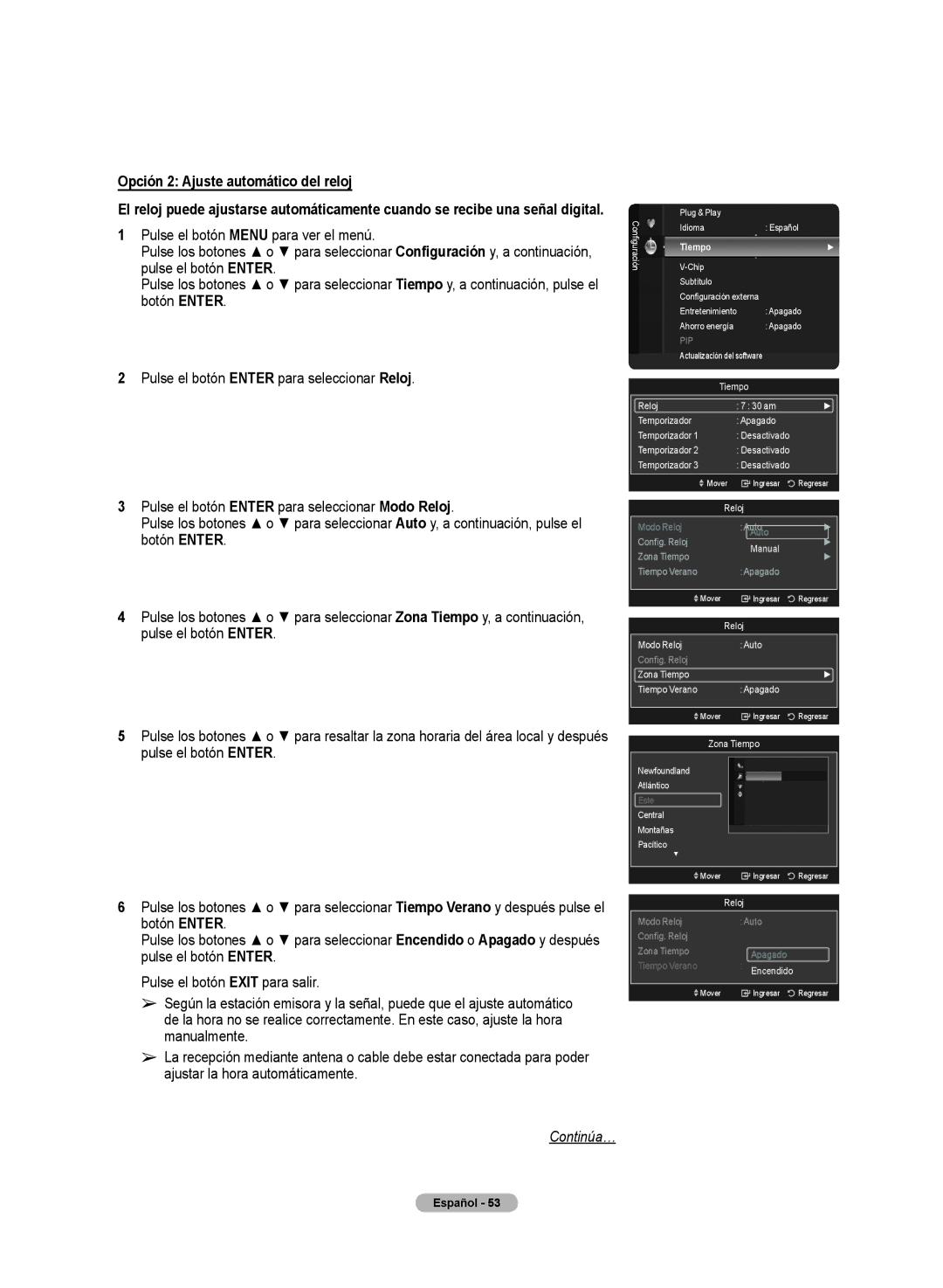 Samsung PN50A50SF user manual Opción 2 Ajuste automático del reloj 