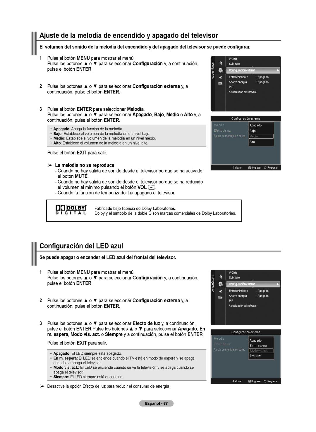 Samsung PN50A50SF user manual Ajuste de la melodía de encendido y apagado del televisor, Configuración del LED azul 