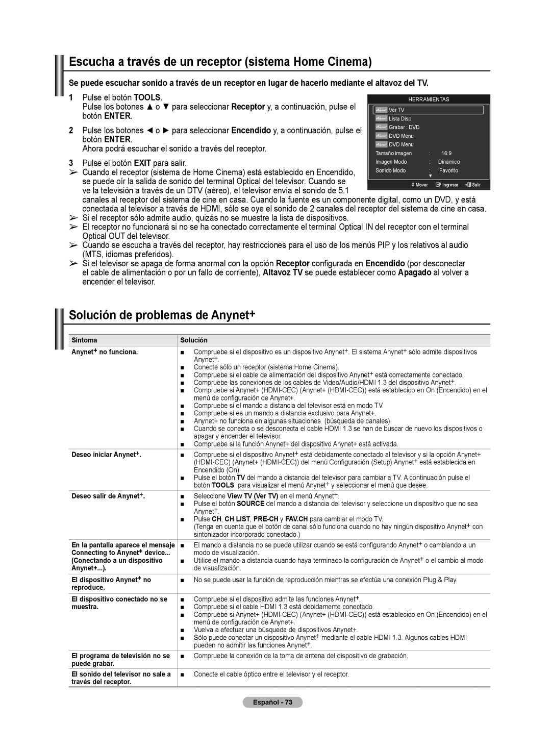 Samsung PN50A50SF user manual Escucha a través de un receptor sistema Home Cinema, Solución de problemas de Anynet+ 