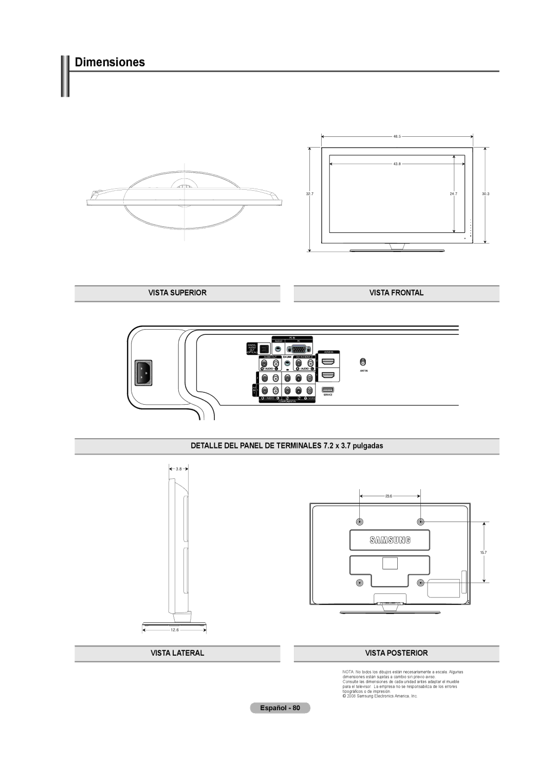 Samsung PN50A50SF user manual Dimensiones, Detalle DEL Panel DE Terminales 7.2 x 3.7 pulgadas 