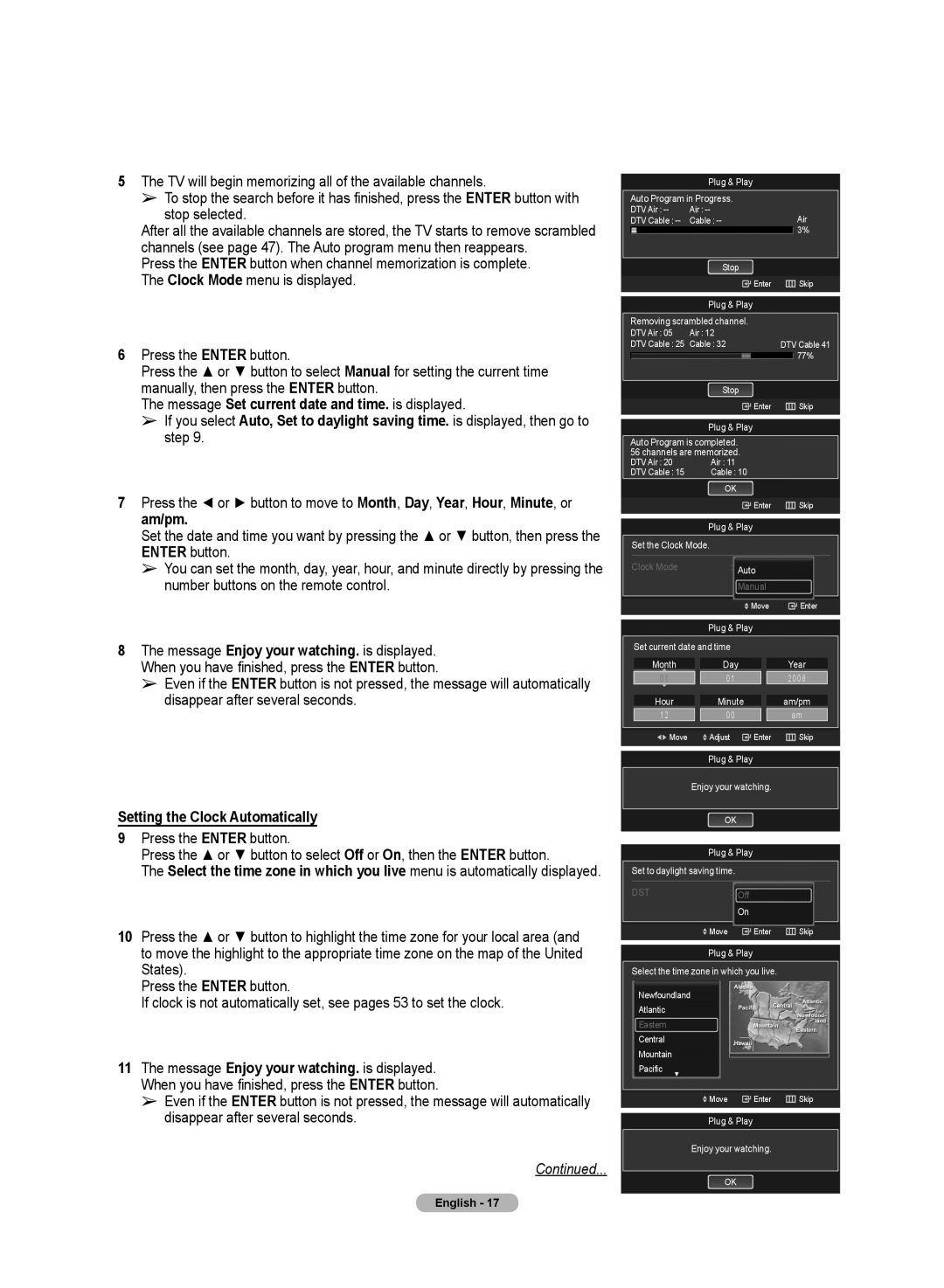 Samsung PN50A50SF user manual Setting the Clock Automatically, Dst 